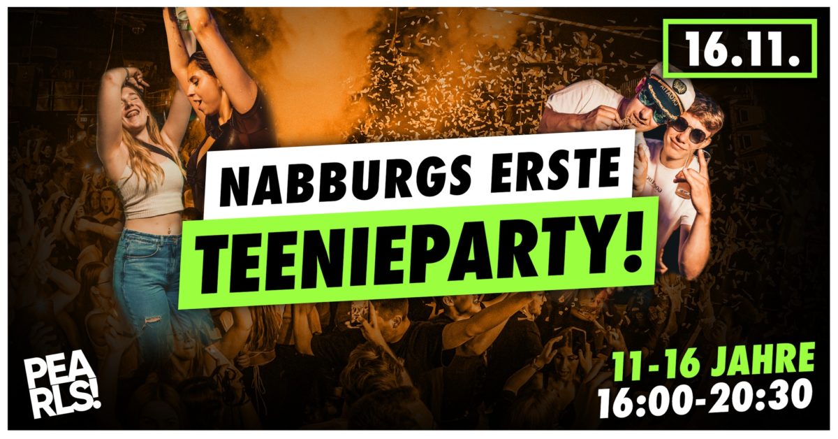 🎉 NABBURGS ERSTE TEENIEPARTY 🎉 Die erste 100% Teenieparty in Nabburg! Oft wurden wir in den letzten Jahren danach gefragt, ob wir nicht auch mal etwas für die Jüngeren machen können. NUN IST ES SOWEIT! 🙌🏻 Am 16.11. veranstalten wir die erste TEENIE-PARTY für alle 11 – 16-Jährigen im Pearls Nabburg! Die XXL Teenie-Disco Veranstaltung in der größten Event Location der Region! 🎵 MUSIC 🎵 Die besten aktuellen Hits & Party-Musik! - House, Black, Techno, 2000er, 2010er & Charts - 🎉 SPECIALS 🎉 ► DIE ERSTE TEENIEPARTY IM PEARLS NABBURG ► HUNDERTE GRATIS GIVE AWAYS & LED LEUCHTSTÄBE ► XXL LUFTBALLON SHOW ► SPECIAL TEENIE DISCO ANIMATIONSTEAM & DJs ► ALKOHOLFREIE COCKTAILS & SOFTDRINKS 🎟 TICKETS 🎟 unter https://bit.ly/nabburgsersteteenieparty Der Vorverkauf ist ab sofort geöffnet! Early Bird Ticket: 7,90€ (inkl. LED-Leuchtstab) Normaler Vorverkauf: 7,90€ ℹ️ INFOS ℹ️ * Samstag, 16.11.2024 * Pearls Nabburg * Start: 16:00 * Ende: 20:30 * Alter: 11 - 16 Jahren ❌ KEIN ALKOHOLAUSSCHANK ❌ ABSOLUTES RAUCHVERBOT ⚠️ Das Mitführen einen Dokuments zum Altersnachweis ist verpflichtend! z.B. Reisepass, Personalausweis, Schülerausweis, Krankenkassenkarte, oder Ähnliches!