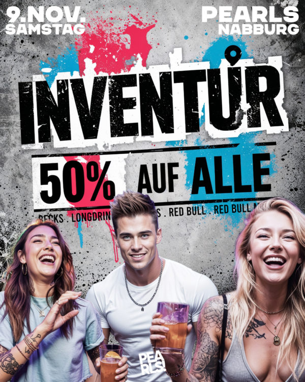 Sa.9.11.24 ❌ INVENTUR PARTY ❌ 🤑🤑🤑🤑 Alles muss raus! ✅ 50% auf alle Becks ✅ 50% auf alle Longdrinks ✅ 50% auf alle Salitos ✅ 50% auf alle auf alle RED BULL ✅ 50% auf alle auf alle RED BULL Mix ✅ 50% auf alle Klopfer Achtung: 25cent und 75cent Beträge werden immer auf 50cent bzw. 1€ aufgerundet 🤑🤑🤑🤑 ▶ Floor 1: Pearls Hitmix ▶ Floor 2: 100% Black Music 🤑🤑🤑🤑 Einlass 21 Uhr _____________ Mit Formular ab 16 bis 4 Uhr feiern Ohne Formular ab 16 bis 0 Uhr feiern Ein U18 kann für bis zu drei Ü18 Aufsicht machen. _____________ NUR Abendkasse - Ticket 6€ _____________ Club PEARLS Nabburg Schlörstraße 1A 92507 Nabburg