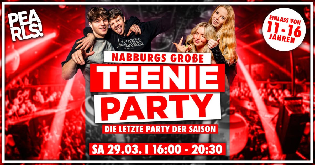 Samstag, 29.03.2025 Start: 16:00 🔥🔥🔥🔥 🔥TEENIEPARTY NABBURG🔥 Feiert mit uns ein letztes Mal die XXL Teenieparty für alle 11 – 16-Jährigen im größten Club der Region, bevor wir in die Sommerpause gehen. Nutzt eure Chance und seid ein letztes Mal im Pearls Nabburg dabei, denn wir werden uns das nächste Mal erst im Herbst wieder sehen. 🥳 🎉 SPECIALS 🎉 ► DIE LETZTE TEENIEPARTY DER SAISON ► HUNDERTE GRATIS GIVE AWAYS & LED LEUCHTSTÄBE ► SPECIAL TEENIE DISCO ANIMATIONSTEAM & DJs ► ALKOHOLFREIE COCKTAILS & SOFTDRINKS ► XXL KONFETTI GLITTERREGEN ► MEGA CO2 SHOW 🎵 MUSIC 🎵 Wir spielen für euch das Beste vom Besten! •⁠ ⁠Charts, EDM, Techno, Deutschrap, 2000er & 2010er - mit dem Teenie Disco Germany DJ Team 🎟 TICKETS 🎟 Ticket-Vorverkauf Start ab 13.02.2025 um 18 Uhr! ➡️ Tickets gibt es im Vorverkauf ab 7,90€ unter https://bit.ly/teenieparty_nabburg ➡️ Tageskasse: 10,00€ ℹ️ INFOS ℹ️ •⁠ ⁠Samstag, 29.03.2025 •⁠ ⁠Pearls Nabburg •⁠ ⁠Start: 16:00 •⁠ ⁠Ende: 20:30 •⁠ ⁠Alter: 11 - 16 Jahren ❌ KEIN ALKOHOL ❌ ABSOLUTES RAUCHVERBOT ⚠️ Das Mitführen einen Dokuments zum Altersnachweis ist verpflichtend! z.B. Reisepass, Personalausweis, Schülerausweis, Krankenkassenkarte oder Ähnliches! ❤️ Wir verlosen 10 x Freikarten unter Allen, die diesen Beitrag in ihrer Story REPOSTEN!